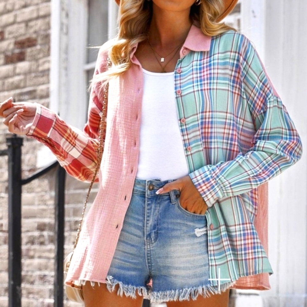 Pastel 100% cotton colour block plaid shirt button collared down oversized small - Picture 3 of 16